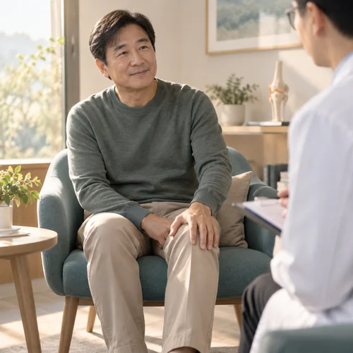 의자에 앉은 성인이 무릎을 살피는 AI 생성 생활 예시