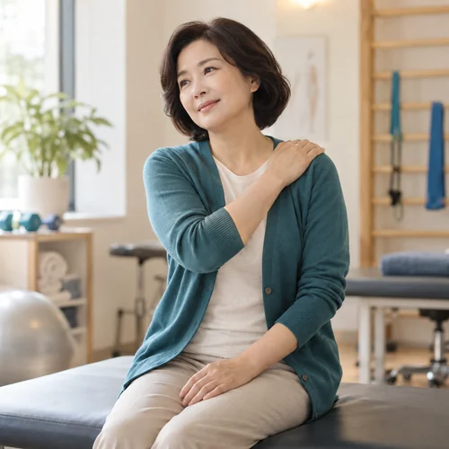 옷 위로 어깨에 손을 댄 성인의 AI 생성 생활 예시